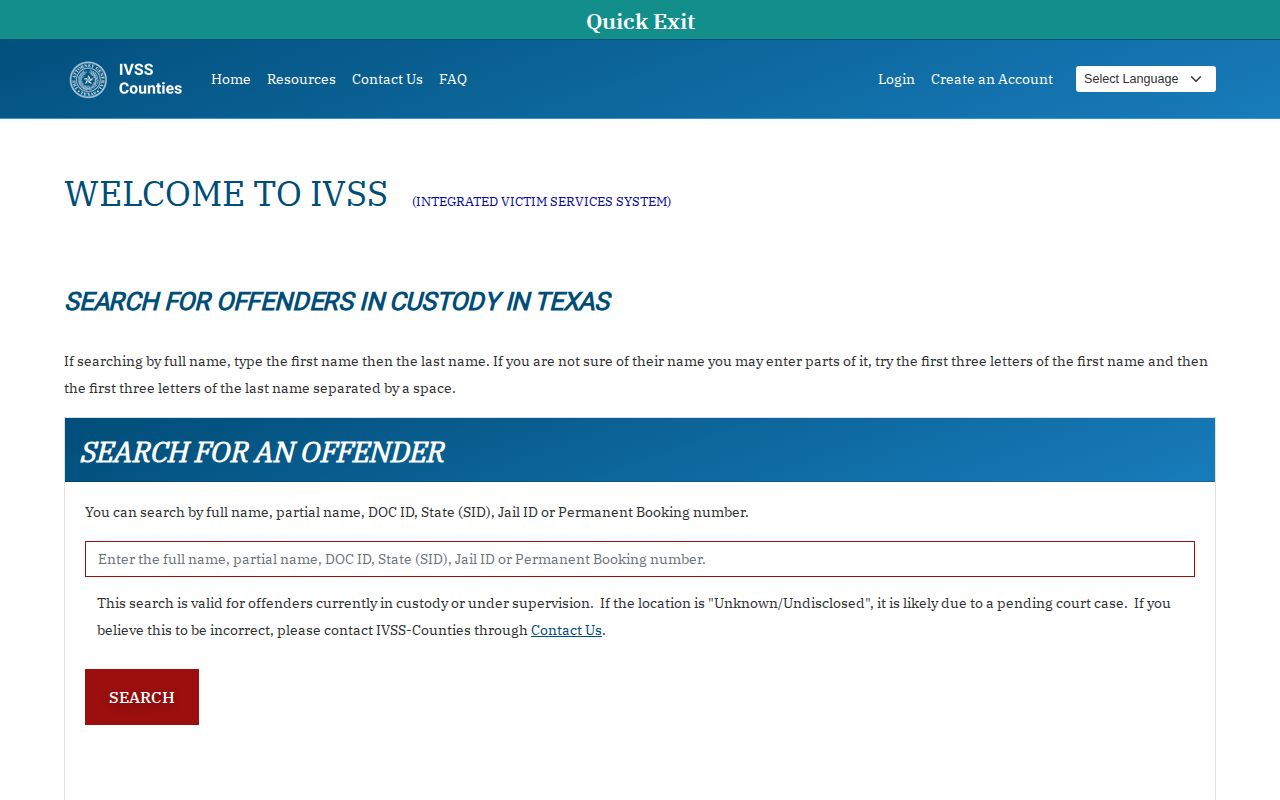 Texas IVSS-Counties search for a Castro County VINE inmate check